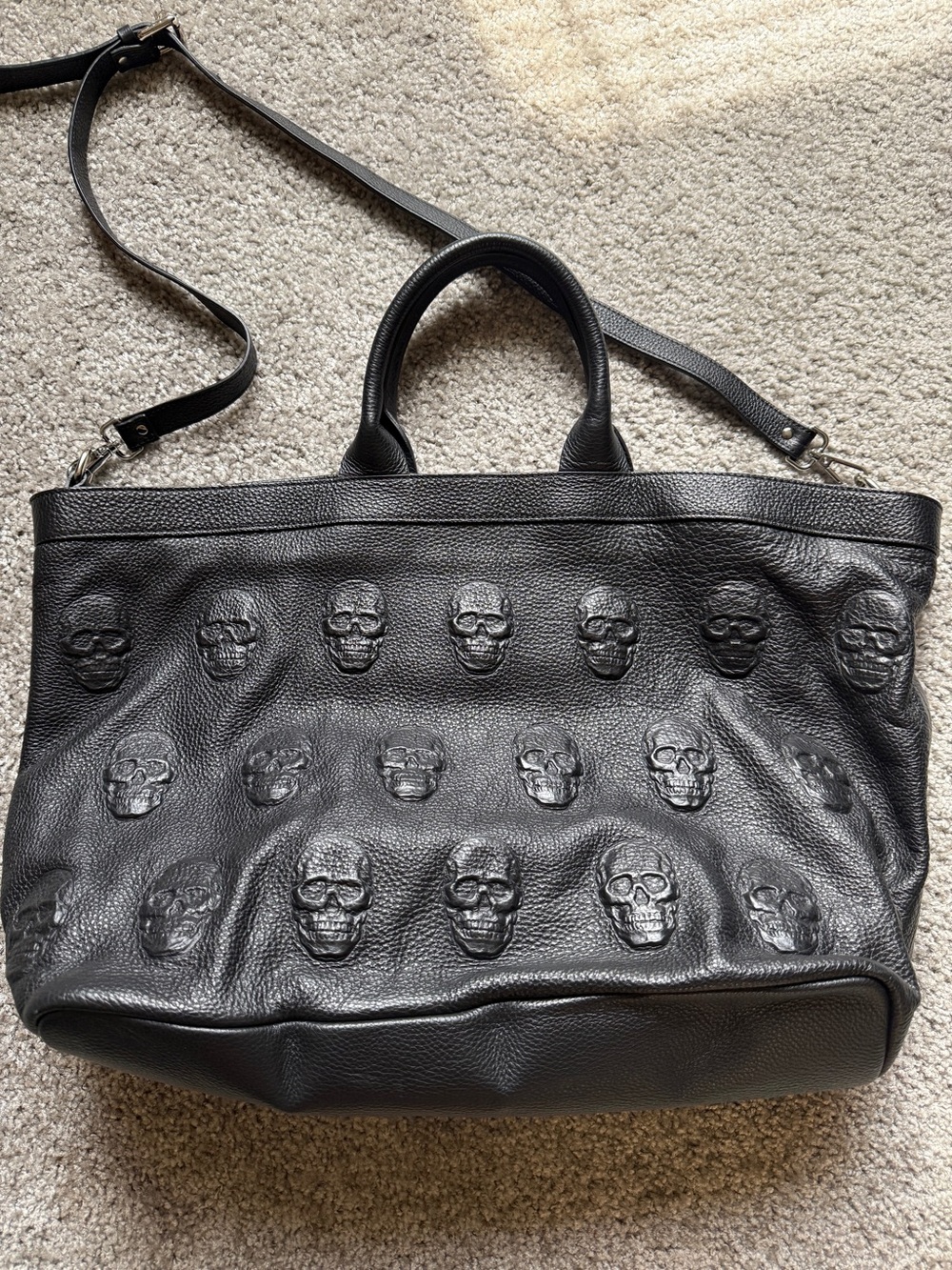 IO Pelle XL Black Pebbled Italian Leather Skulls Embossed Tote Bag